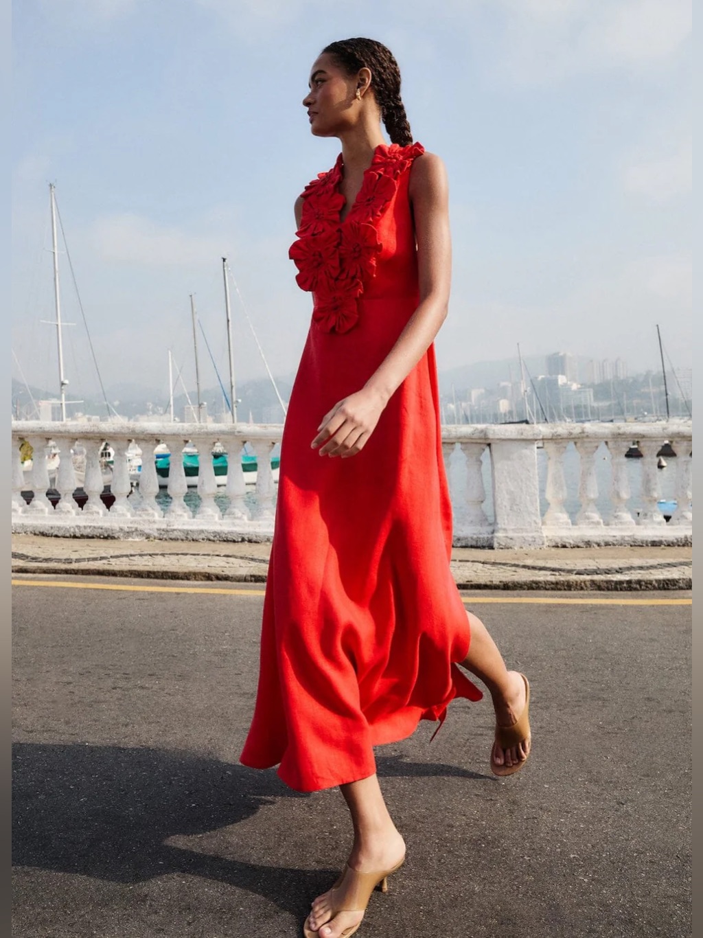 Farm Rio: Red 3d Flower Euroflax Premium Linen Maxi Dress Size S Small